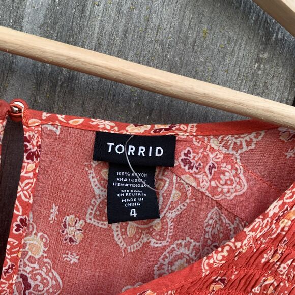 TORRID Top Womens 4XL Red Bandana Smocked Knit Gauze Crepe Off Shoulder Peasant - Picture 9 of 11